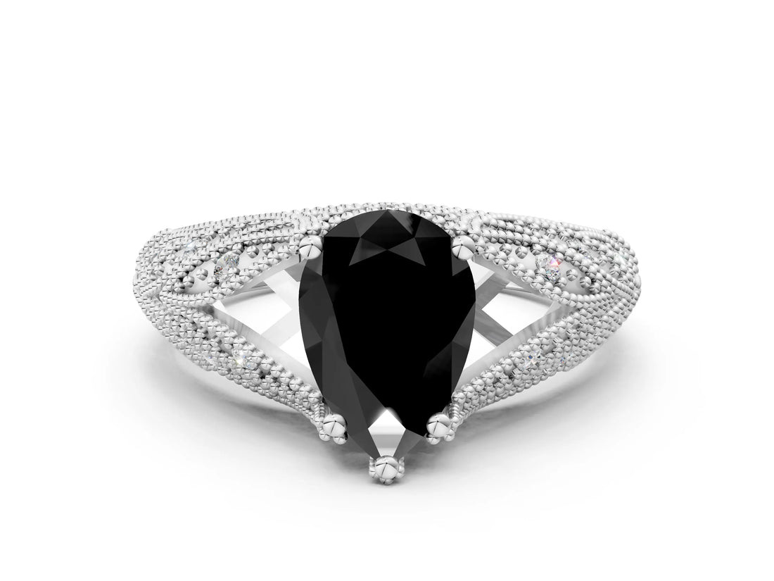 White gold Fancy Black Pear Cut Cut Milgrain Pave Diamond Engagement Ring with Four-Prong Setting_3