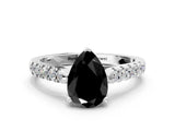White gold Fancy Black Pear Cut Cut Pavé Band Solitaire Ring with Four-Prong Setting