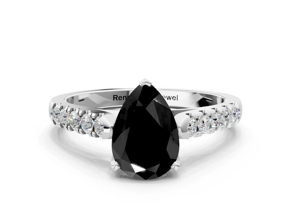 White gold Fancy Black Pear Cut Cut Pavé Band Solitaire Ring with Four-Prong Setting