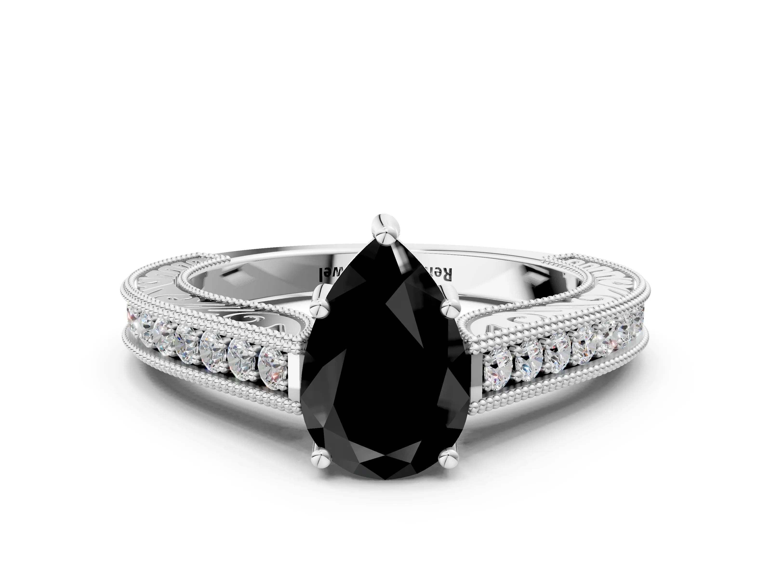 White gold Fancy Black Pear Cut Cut Pave Band Milgrain Solitaire Ring