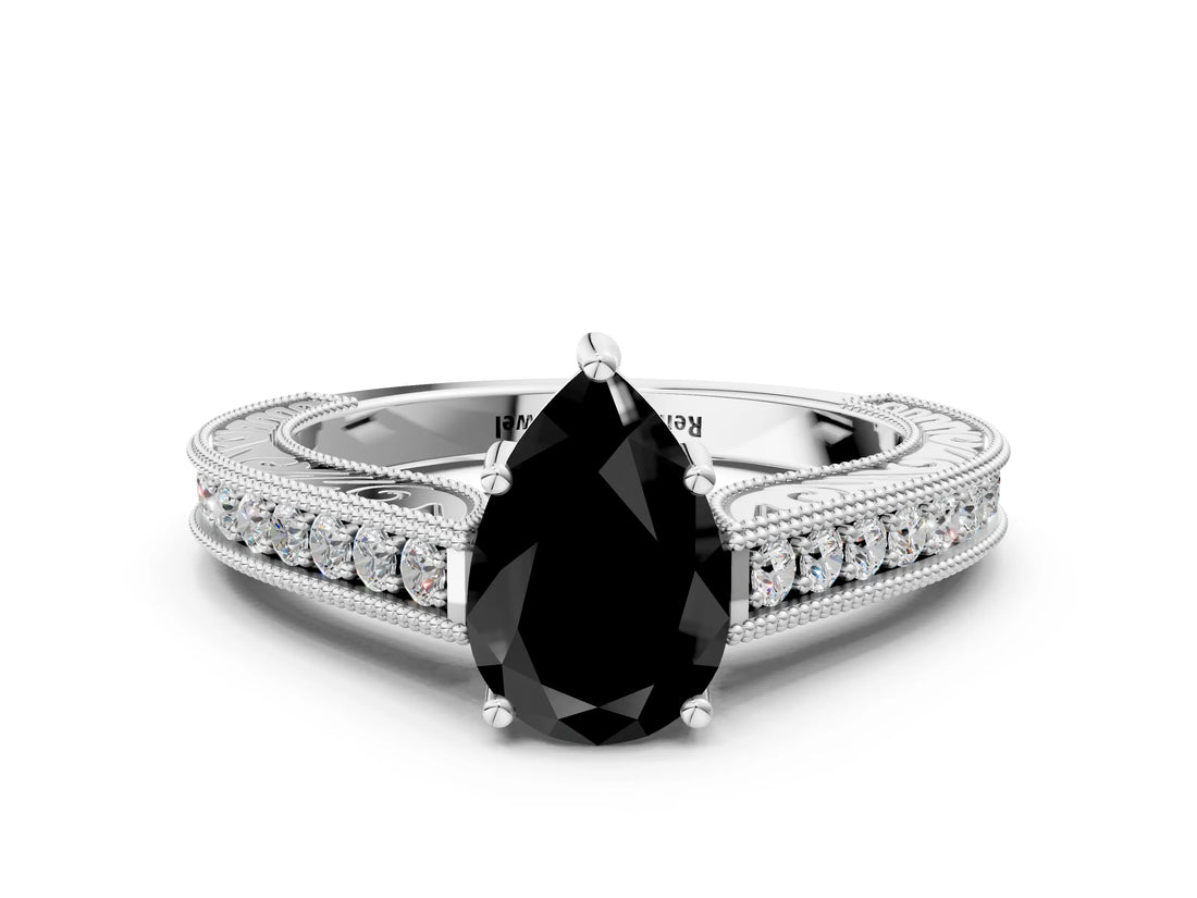 White gold Fancy Black Pear Cut Cut Pave Band Milgrain Solitaire Ring