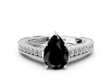 White gold Fancy Black Pear Cut Cut Pave Band Milgrain Solitaire Ring