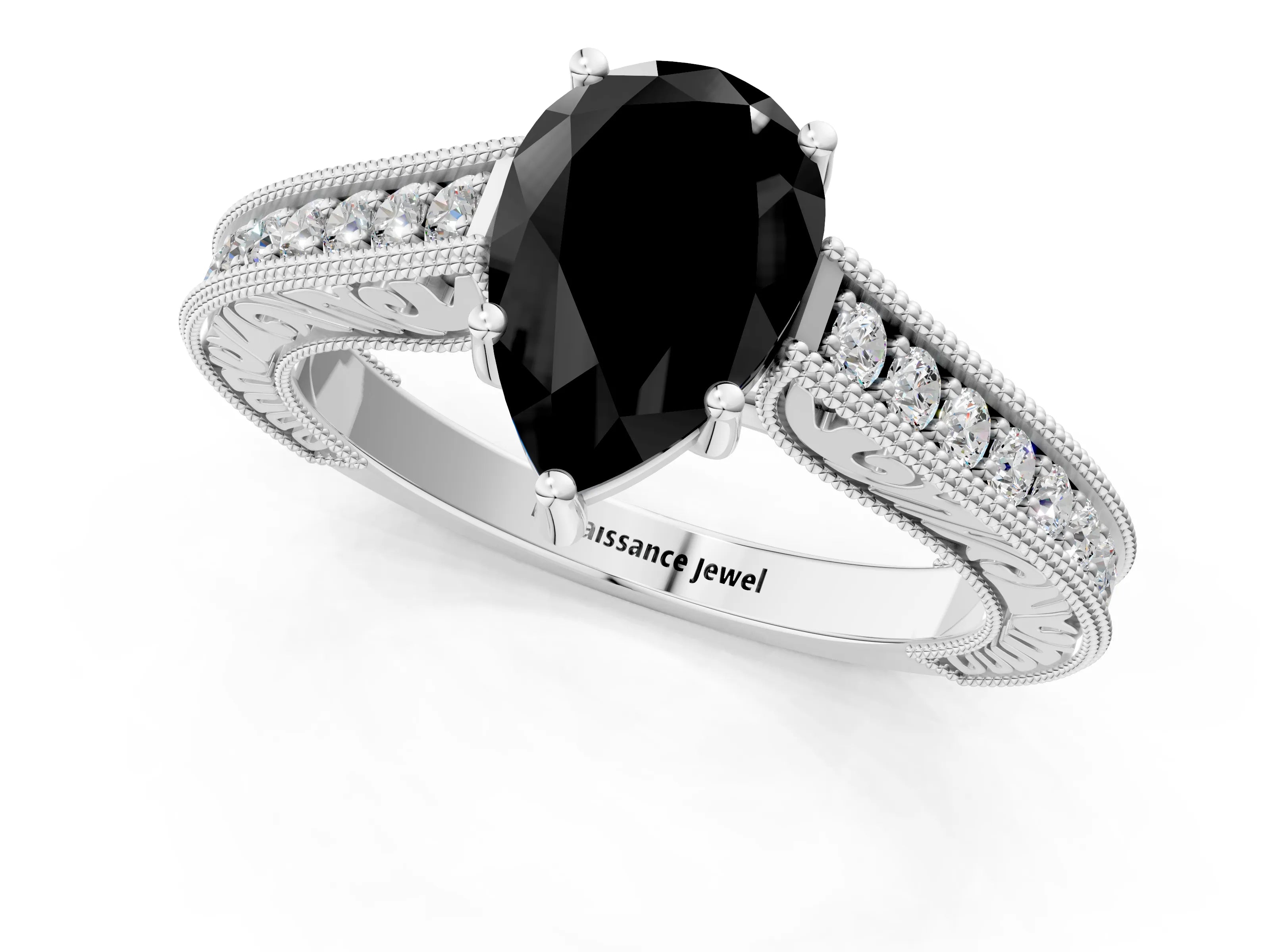 White gold Fancy Black Pear Cut Cut Pave Band Milgrain Solitaire Ring_1