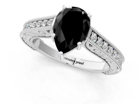 White gold Fancy Black Pear Cut Cut Pave Band Milgrain Solitaire Ring_1