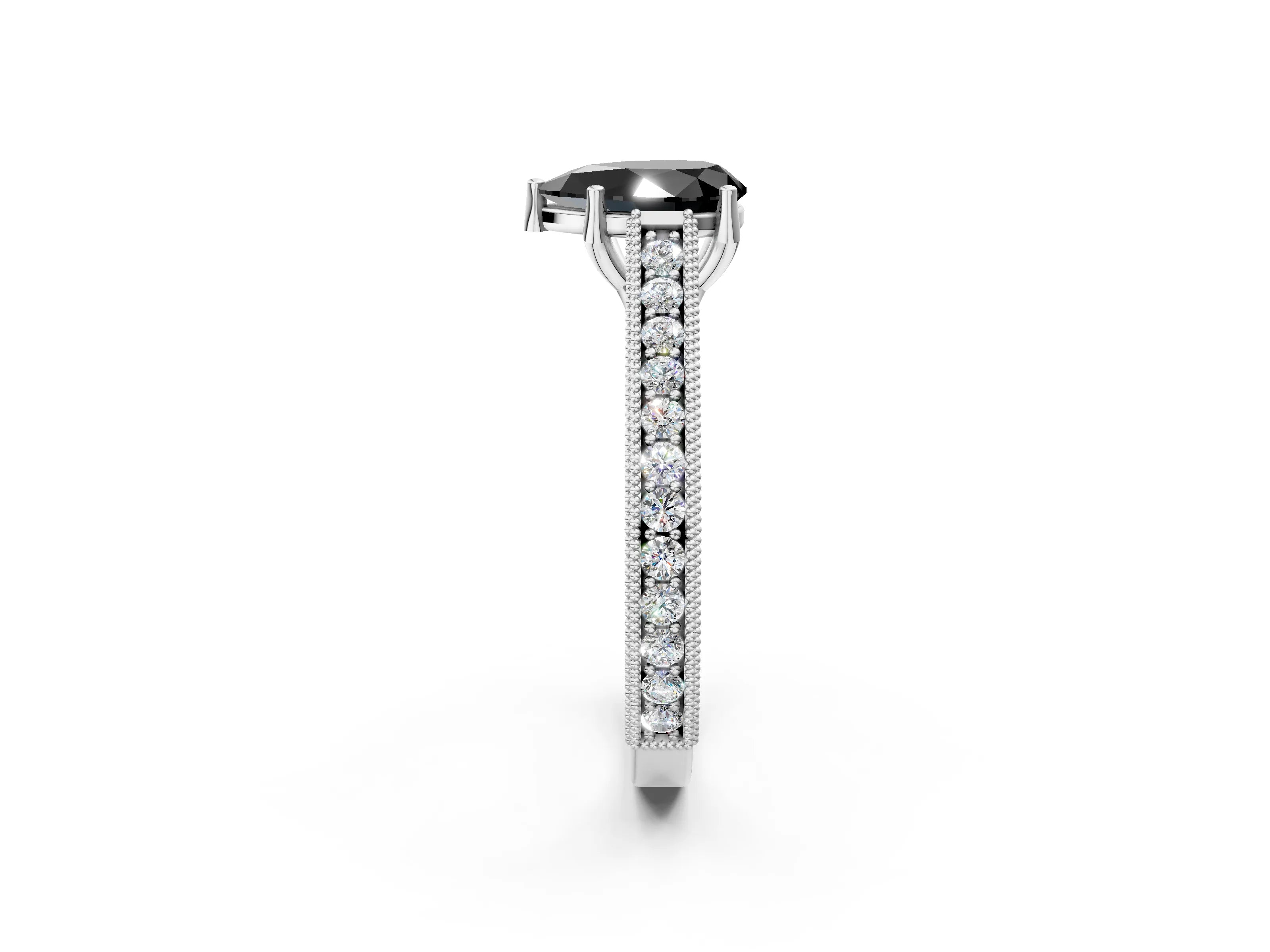 White gold Fancy Black Pear Cut Cut Pave Band Milgrain Solitaire Ring_2
