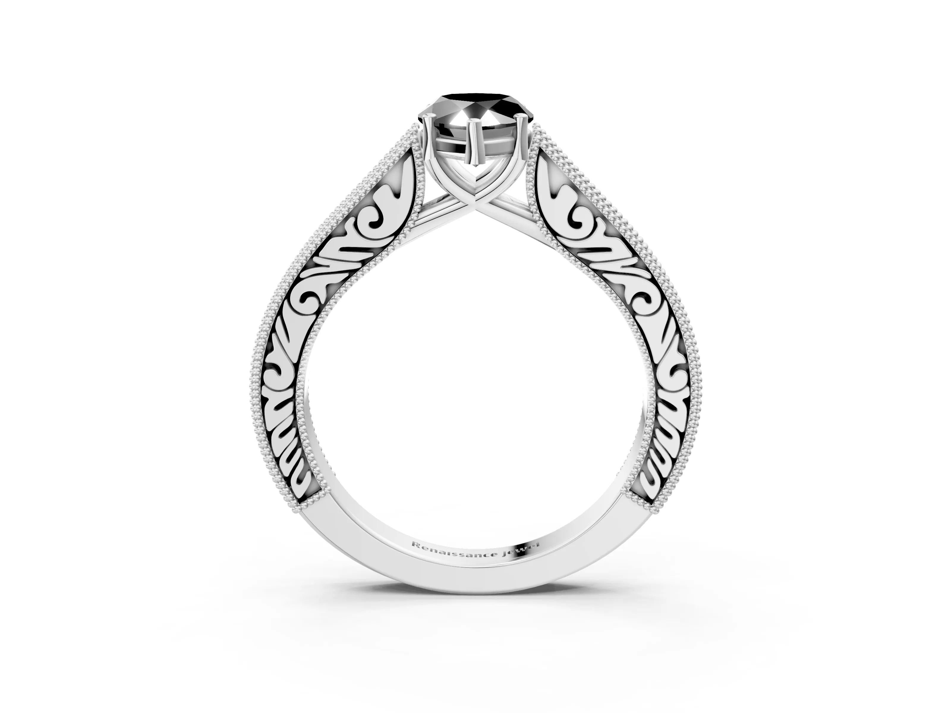 White gold Fancy Black Pear Cut Cut Pave Band Milgrain Solitaire Ring_3