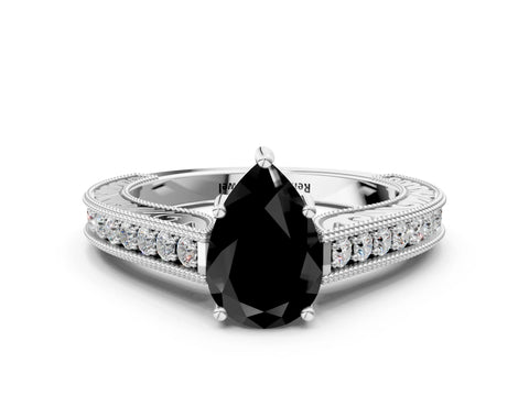 White gold Fancy Black Pear Cut Cut Pave Band Milgrain Solitaire Ring