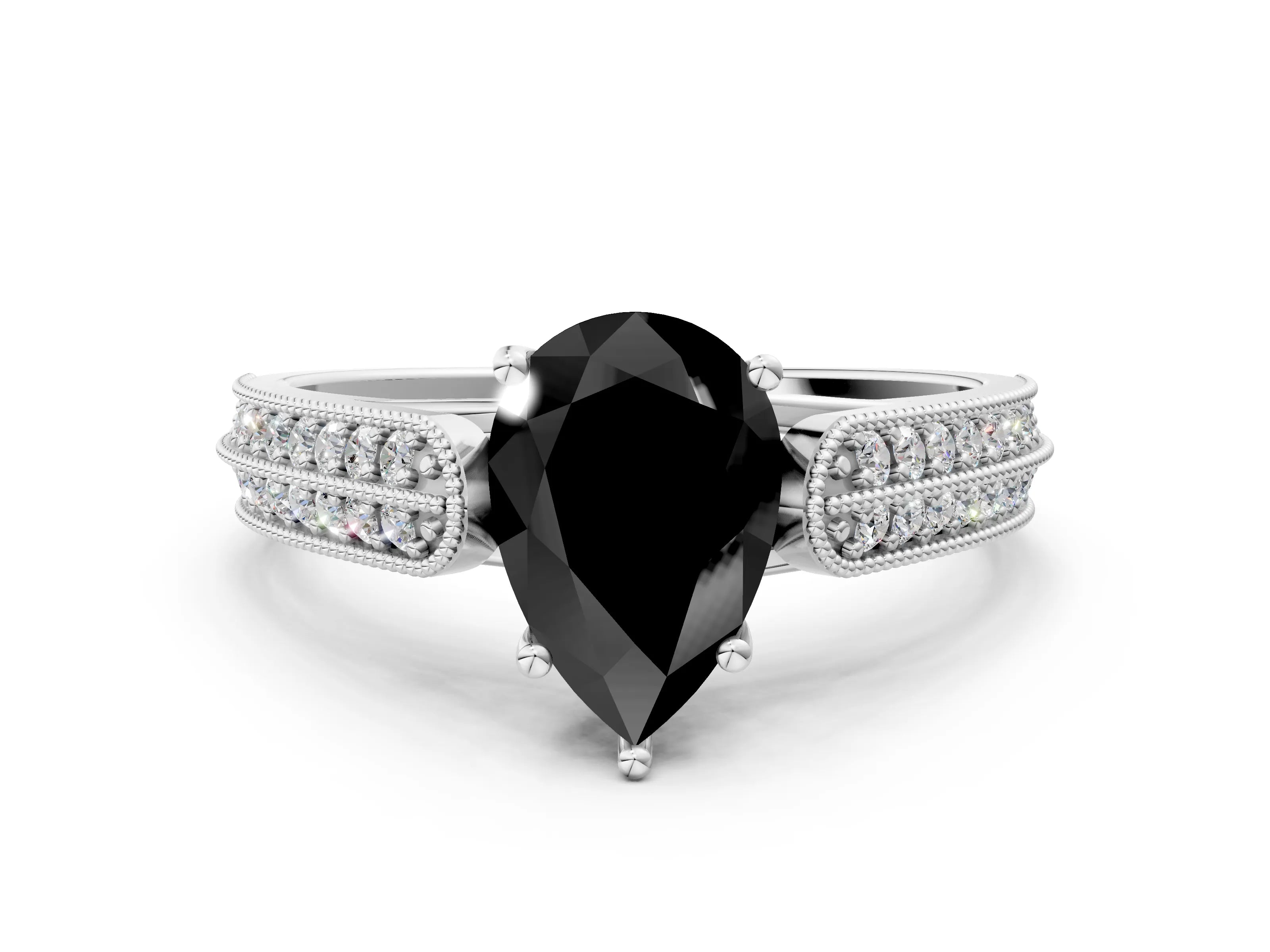 White gold Fancy Black Pear Cut Cut Pave Split Shank Engagement Ring with Four-Prong Setting_12