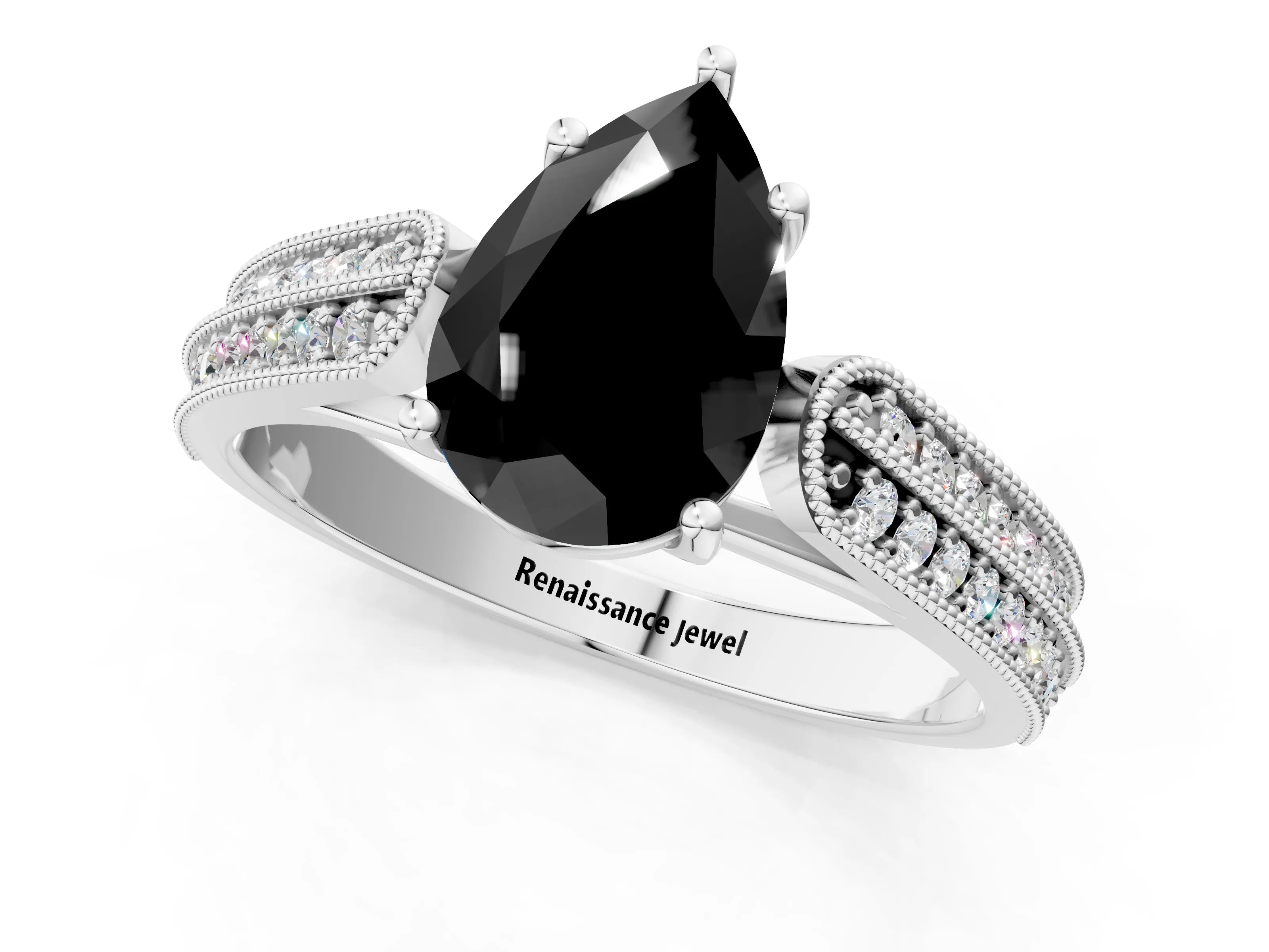 White gold Fancy Black Pear Cut Cut Pave Split Shank Engagement Ring with Four-Prong Setting_13