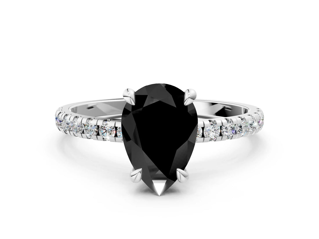 White gold Fancy Black Pear Cut Diamond Brilliant Solitaire Ring with Pavé Band and Four-Prong Setting_12