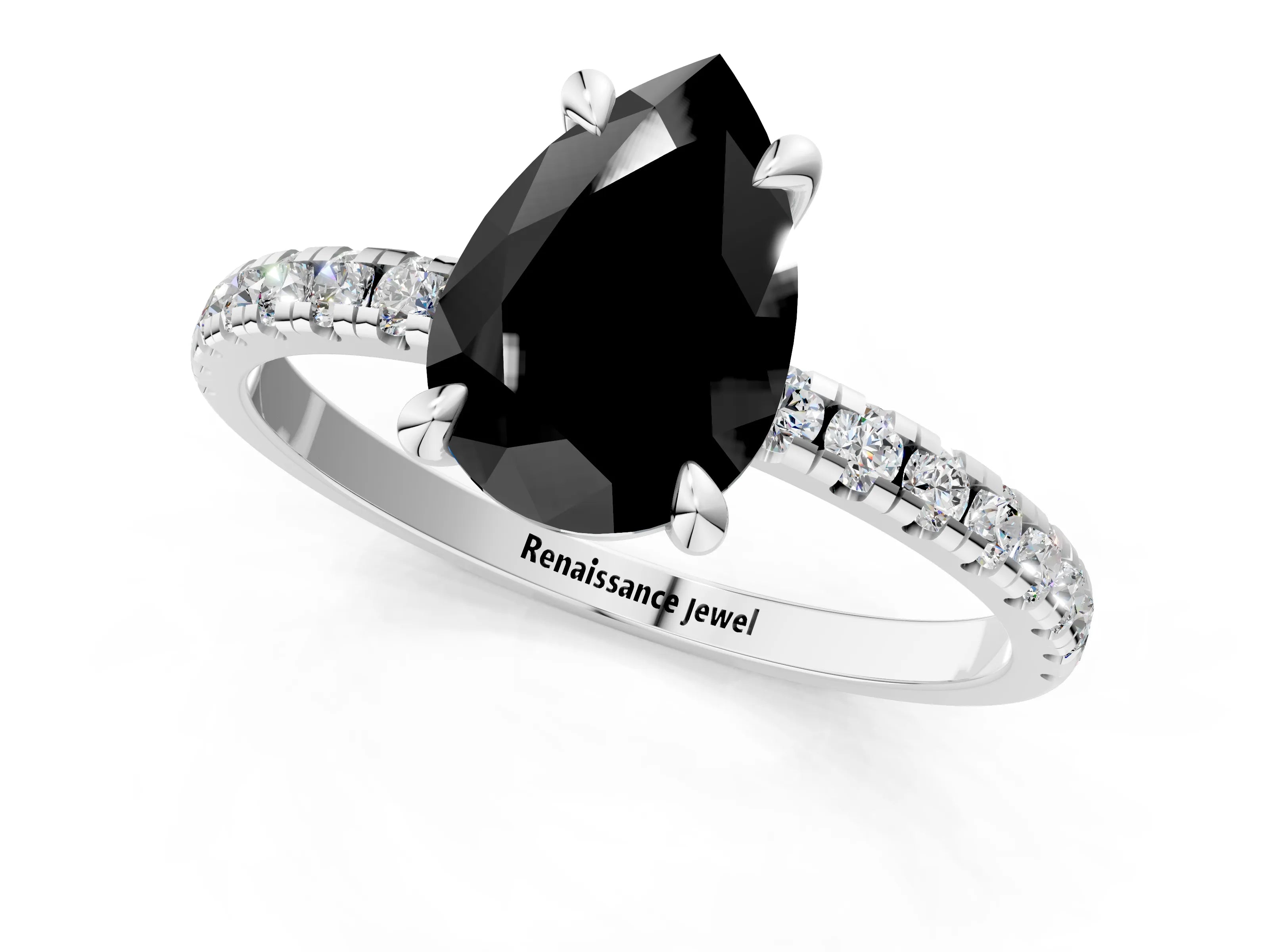 White gold Fancy Black Pear Cut Diamond Brilliant Solitaire Ring with Pavé Band and Four-Prong Setting_1