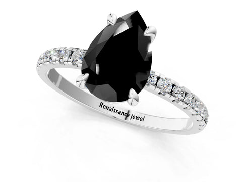White gold Fancy Black Pear Cut Diamond Brilliant Solitaire Ring with Pavé Band and Four-Prong Setting_1