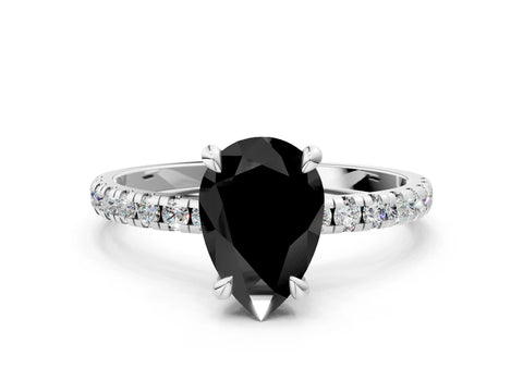 White gold Fancy Black Pear Cut Diamond Brilliant Solitaire Ring with Pavé Band and Four-Prong Setting