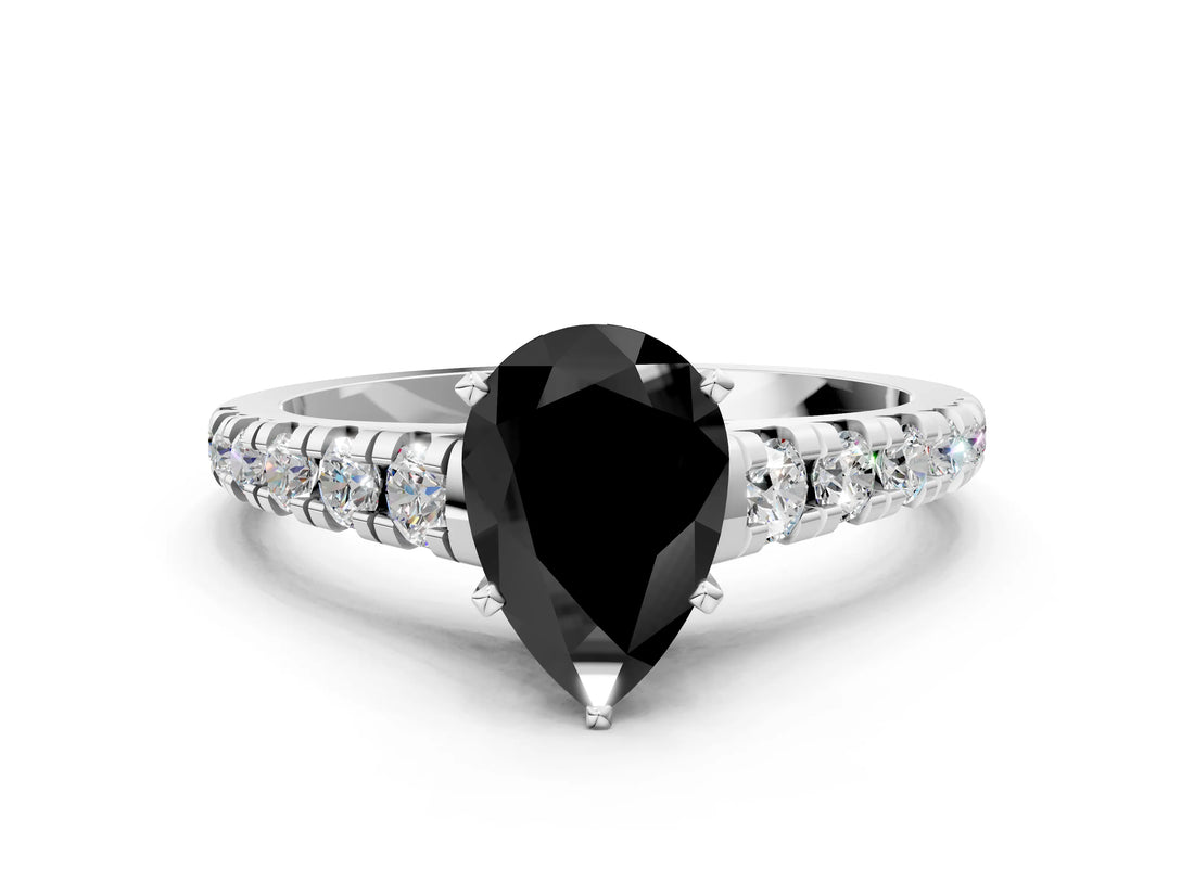 White gold Fancy Black Pear Cut Diamond Cathedral Solitaire Ring with Round  Pavé Band_48