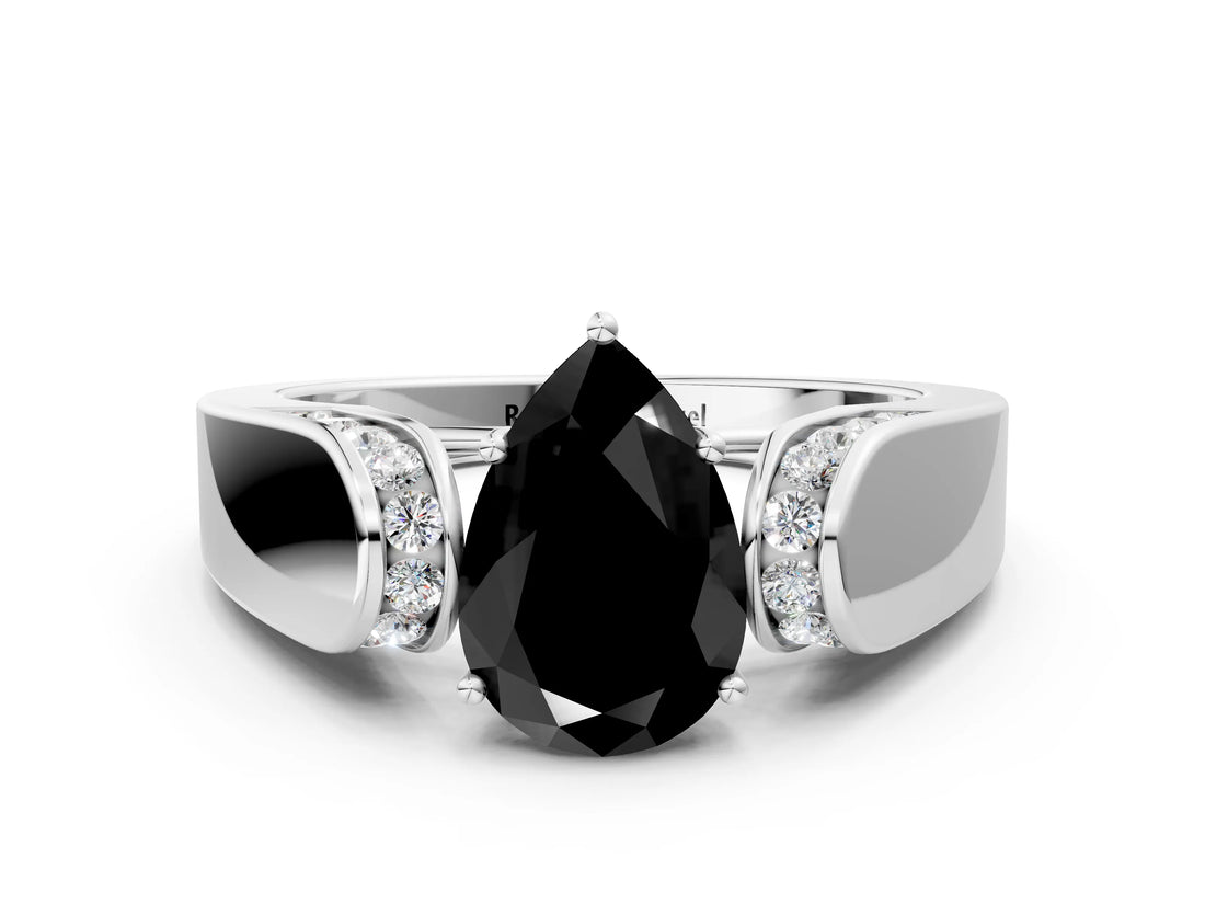 White gold Fancy Black Pear Cut Diamond Channel Set Solitaire Ring with Four-Prong Setting_12