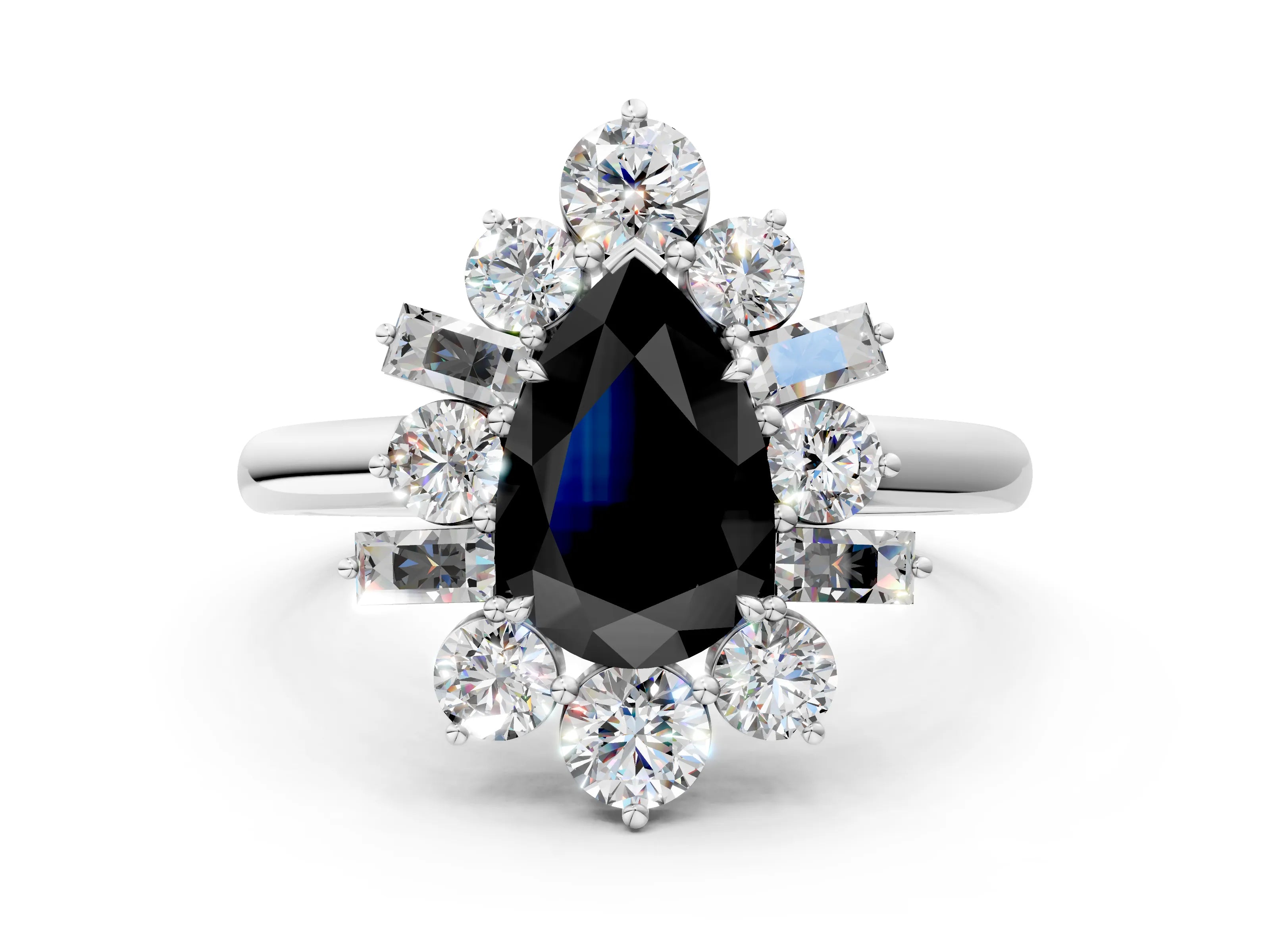 White gold Fancy Black Pear Cut Diamond Cluster Ring with Round and Baguette Stones, Split Shank Band, Prong Setting