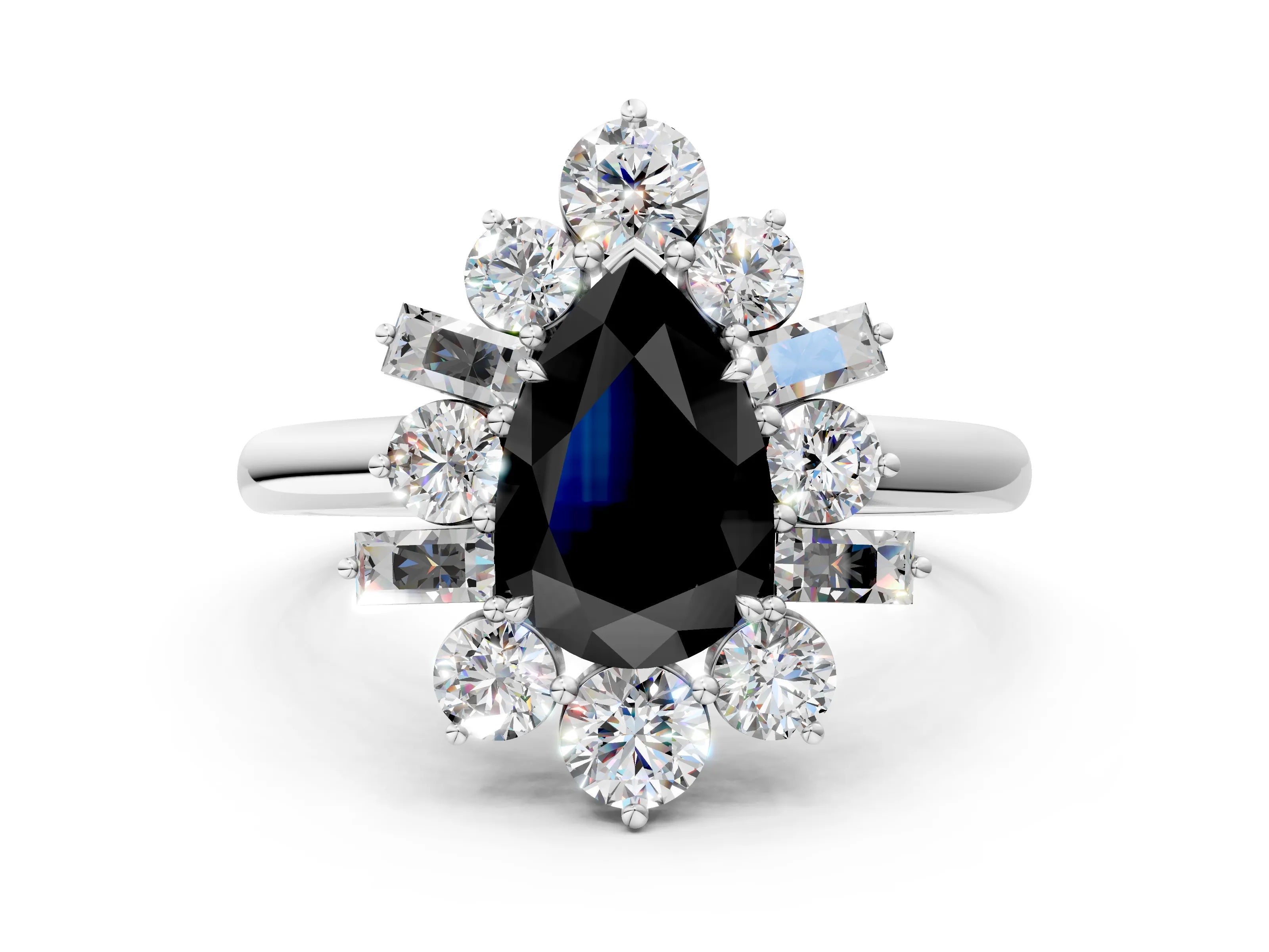 White gold Fancy Black Pear Cut Diamond Cluster Ring with Round and Baguette Stones, Split Shank Band, Prong Setting_12