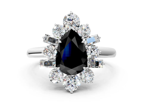 White gold Fancy Black Pear Cut Diamond Cluster Ring with Round and Baguette Stones, Split Shank Band, Prong Setting_12