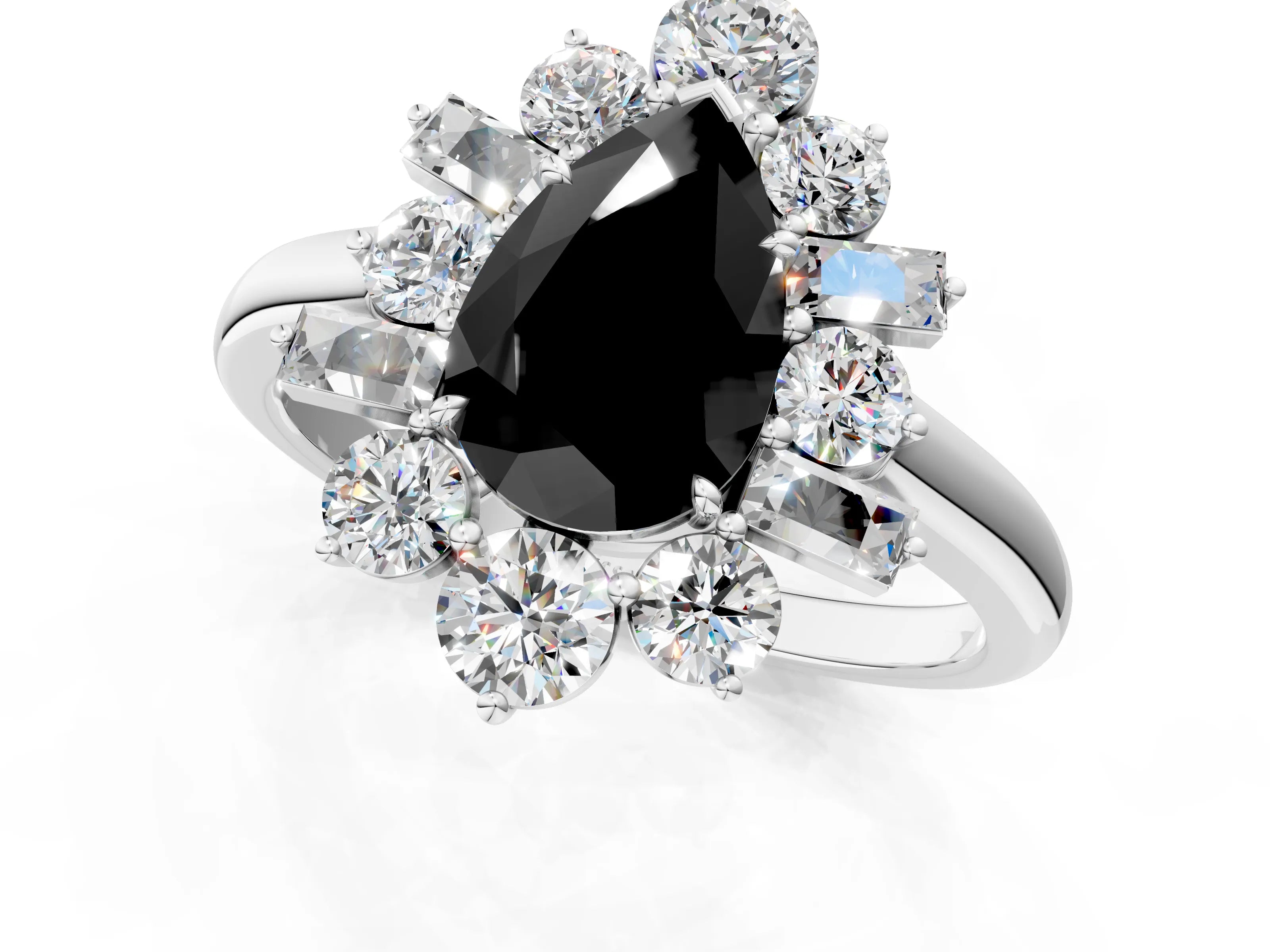 White gold Fancy Black Pear Cut Diamond Cluster Ring with Round and Baguette Stones, Split Shank Band, Prong Setting_13
