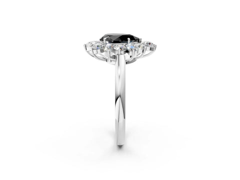 White gold Fancy Black Pear Cut Diamond Cluster Ring with Round and Baguette Stones, Split Shank Band, Prong Setting_14