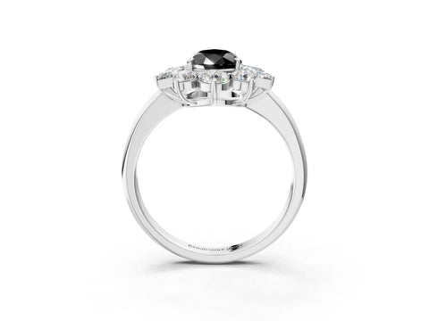White gold Fancy Black Pear Cut Diamond Cluster Ring with Round and Baguette Stones, Split Shank Band, Prong Setting_15