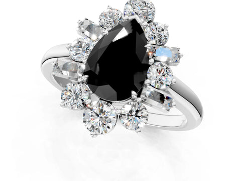 White gold Fancy Black Pear Cut Diamond Cluster Ring with Round and Baguette Stones, Split Shank Band, Prong Setting_1
