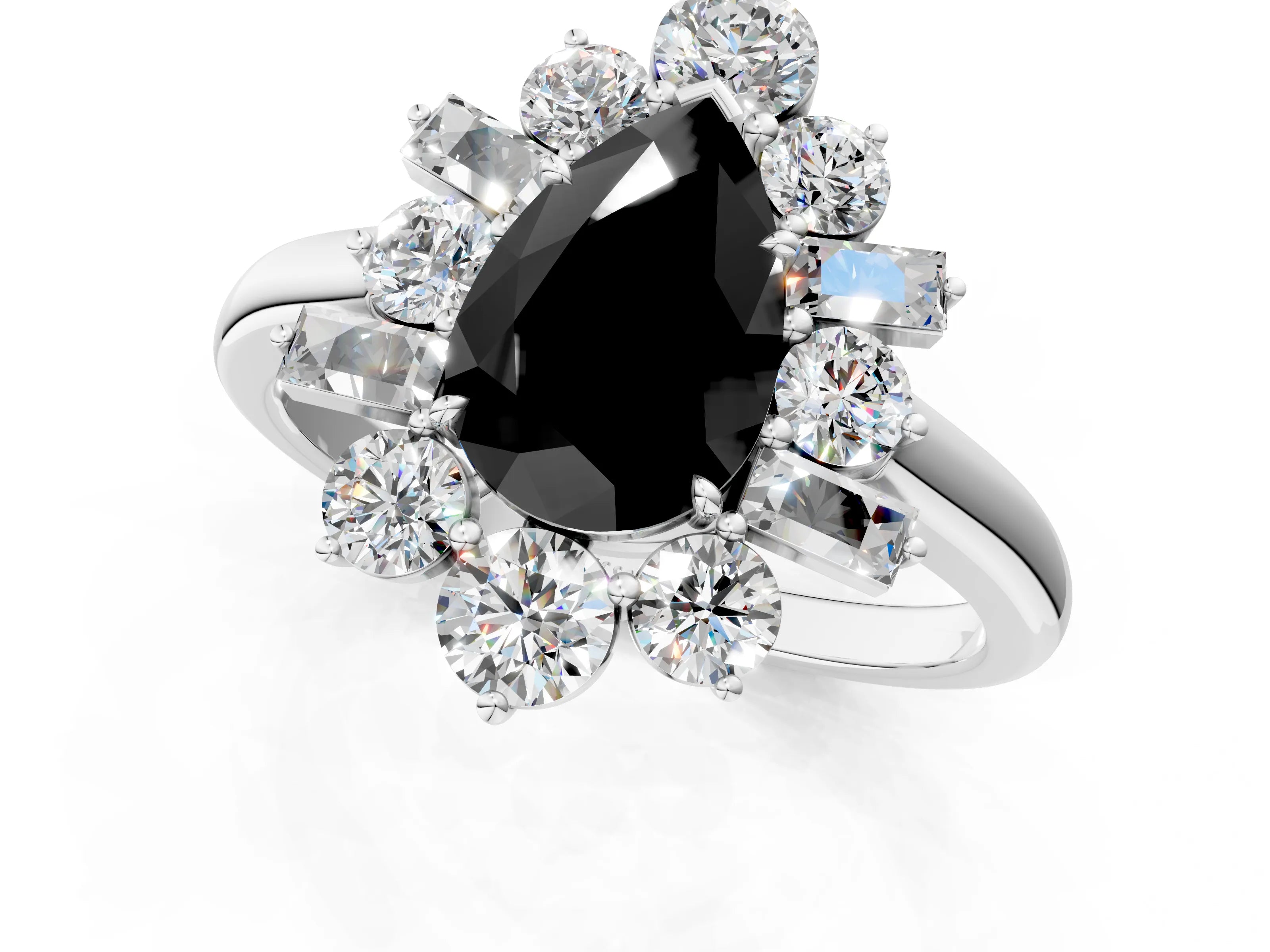 White gold Fancy Black Pear Cut Diamond Cluster Ring with Round and Baguette Stones, Split Shank Band, Prong Setting_1
