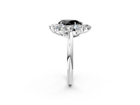 White gold Fancy Black Pear Cut Diamond Cluster Ring with Round and Baguette Stones, Split Shank Band, Prong Setting_2