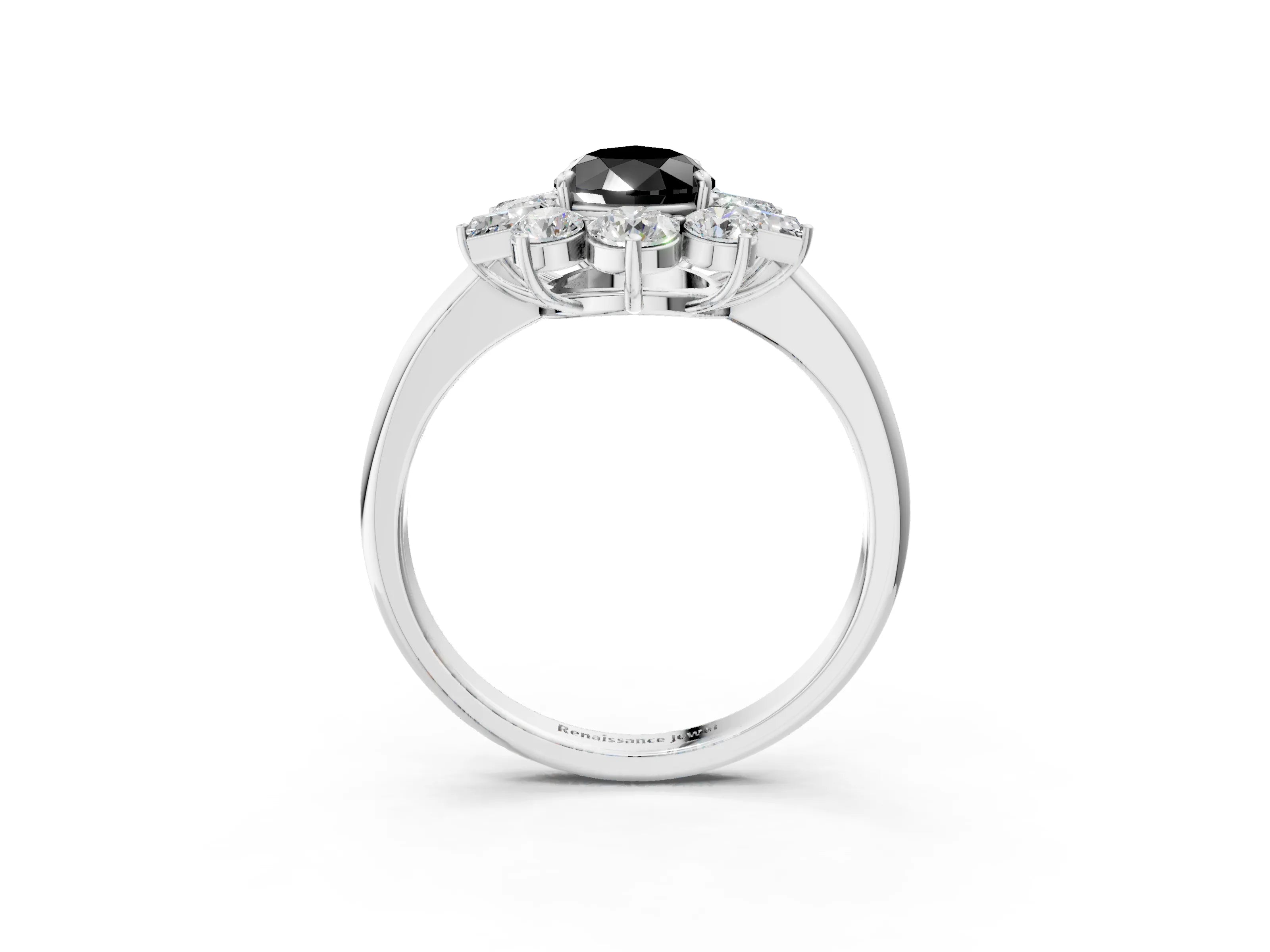 White gold Fancy Black Pear Cut Diamond Cluster Ring with Round and Baguette Stones, Split Shank Band, Prong Setting_3