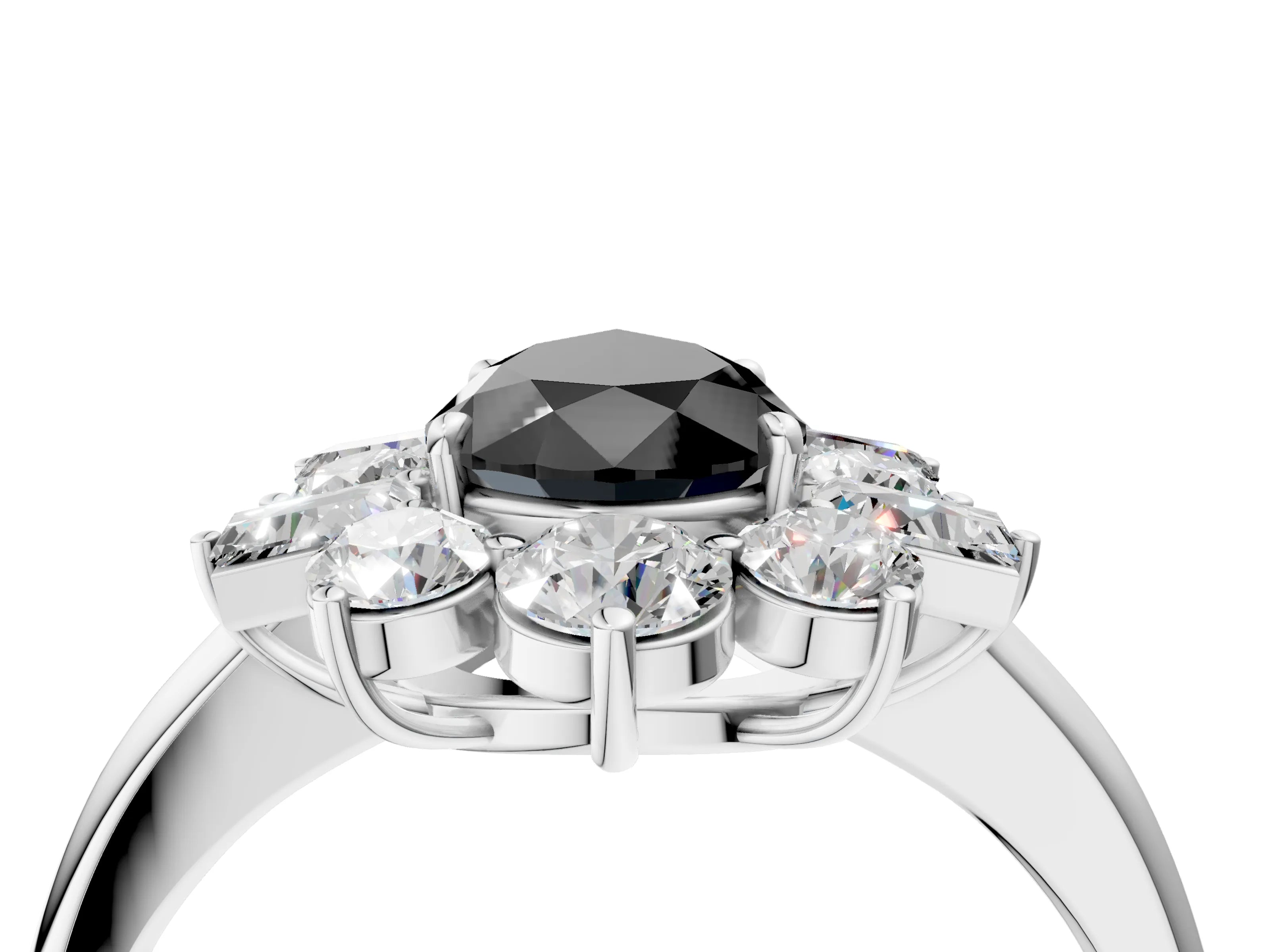 White gold Fancy Black Pear Cut Diamond Cluster Ring with Round and Baguette Stones, Split Shank Band, Prong Setting_4