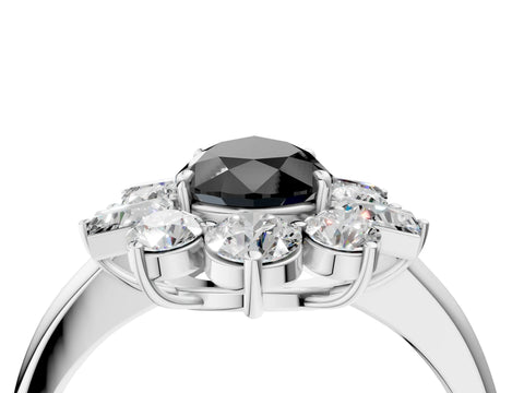 White gold Fancy Black Pear Cut Diamond Cluster Ring with Round and Baguette Stones, Split Shank Band, Prong Setting_4