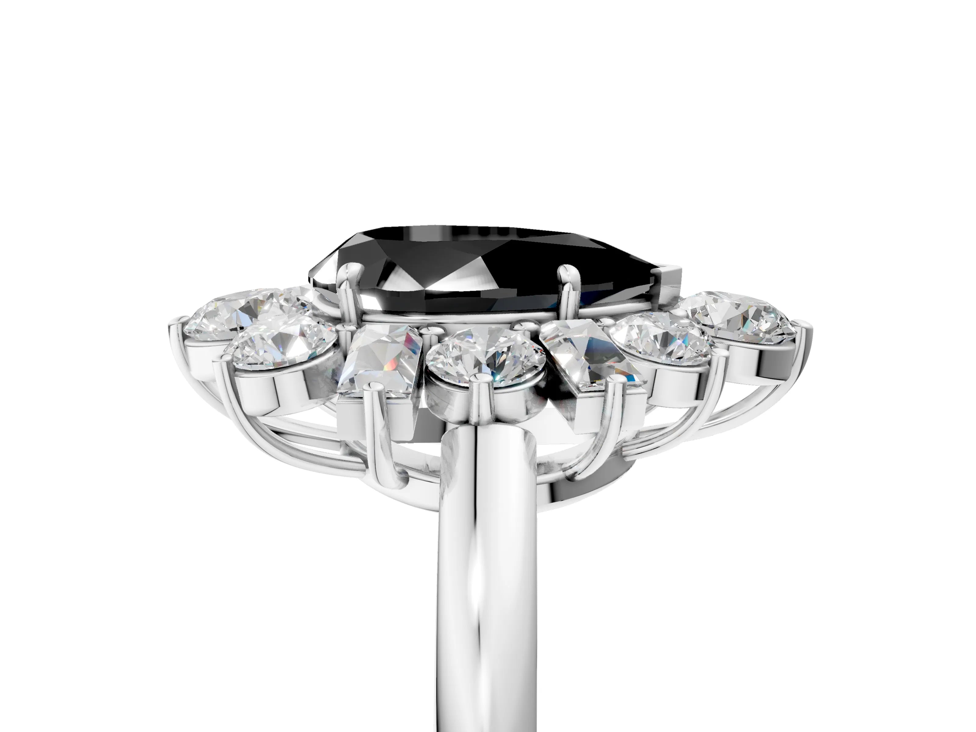 White gold Fancy Black Pear Cut Diamond Cluster Ring with Round and Baguette Stones, Split Shank Band, Prong Setting_5