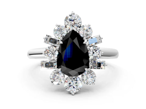 White gold Fancy Black Pear Cut Diamond Cluster Ring with Round and Baguette Stones, Split Shank Band, Prong Setting