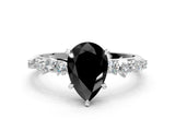 White gold Fancy Black Pear Cut Diamond Cluster Side Stone Solitaire Ring with Prong Setting_48