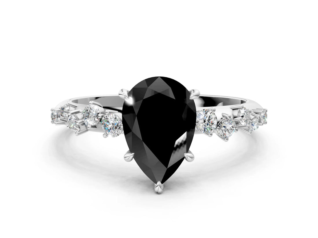 White gold Fancy Black Pear Cut Diamond Cluster Side Stone Solitaire Ring with Prong Setting_48