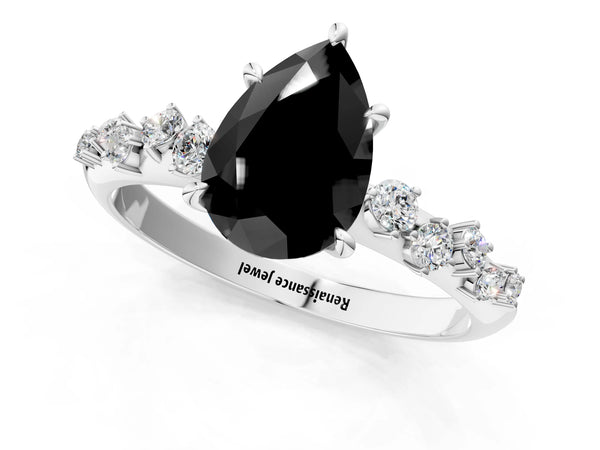 Platinum Pear-Shaped Graduated Cluster Engagement Ring Setting for Black Center