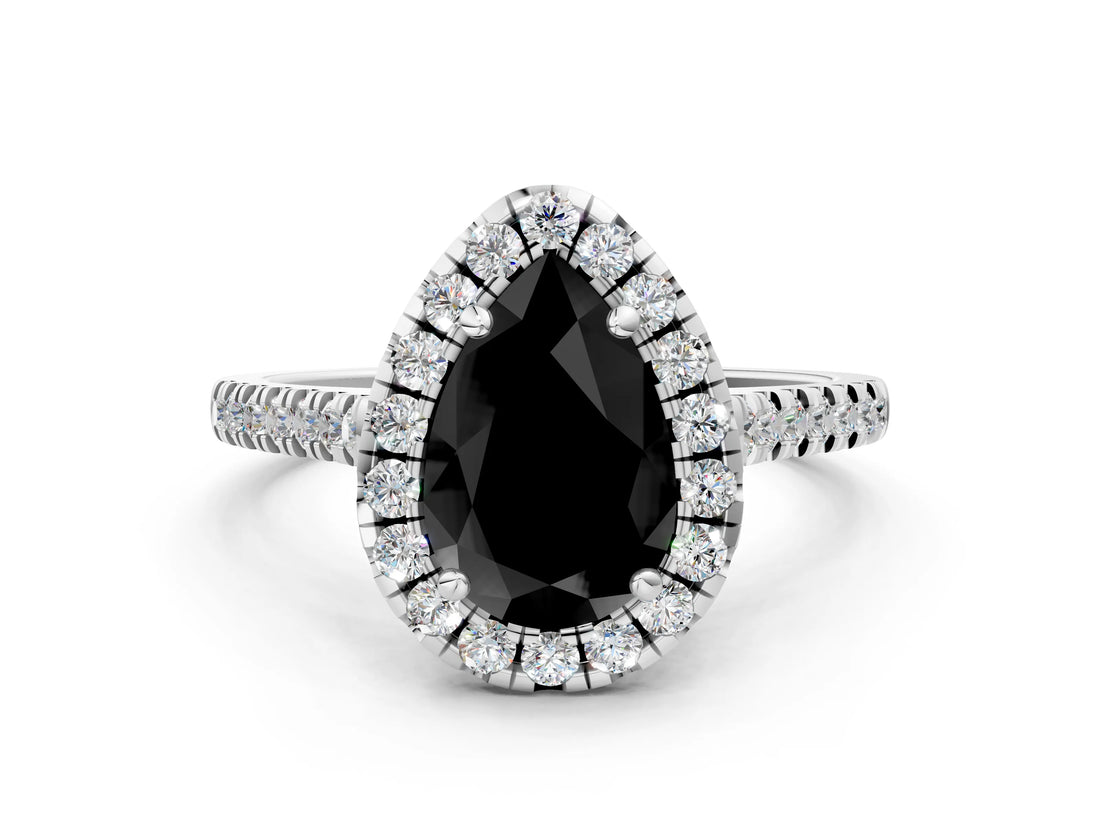 White gold Fancy Black Pear Cut Diamond Cushion Halo Ring with Pavé Band_12