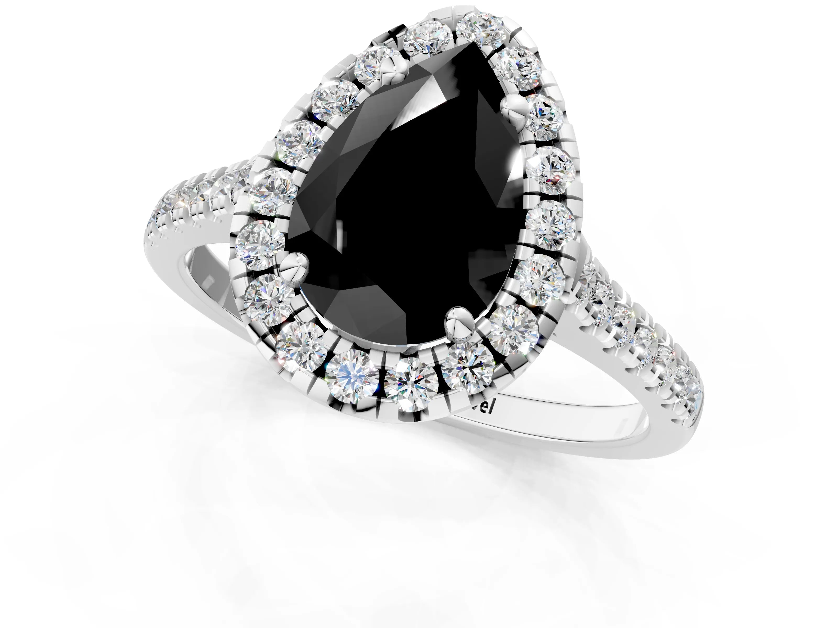 White gold Fancy Black Pear Cut Diamond Cushion Halo Ring with Pavé Band_13