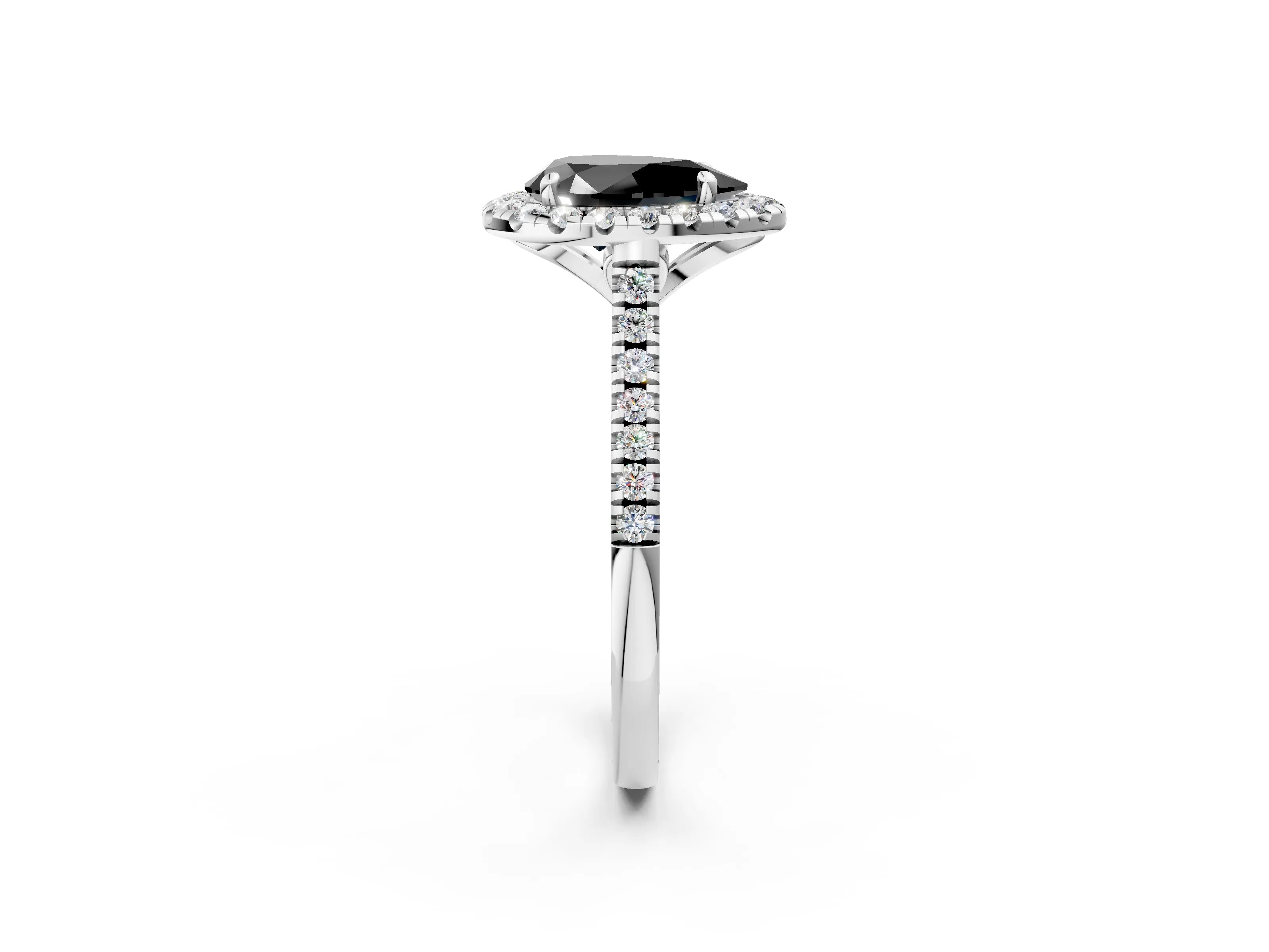 White gold Fancy Black Pear Cut Diamond Cushion Halo Ring with Pavé Band_14