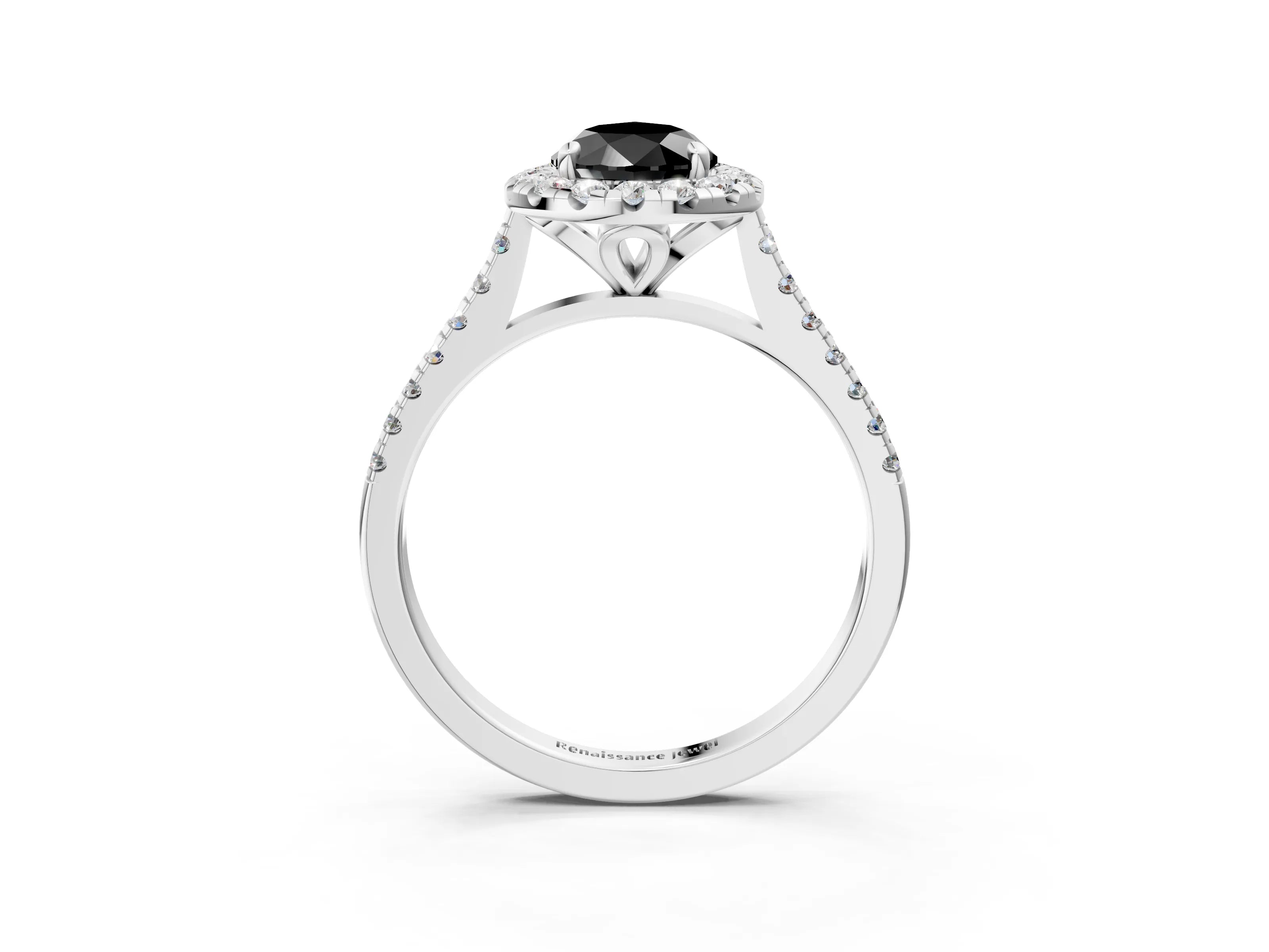 White gold Fancy Black Pear Cut Diamond Cushion Halo Ring with Pavé Band_15