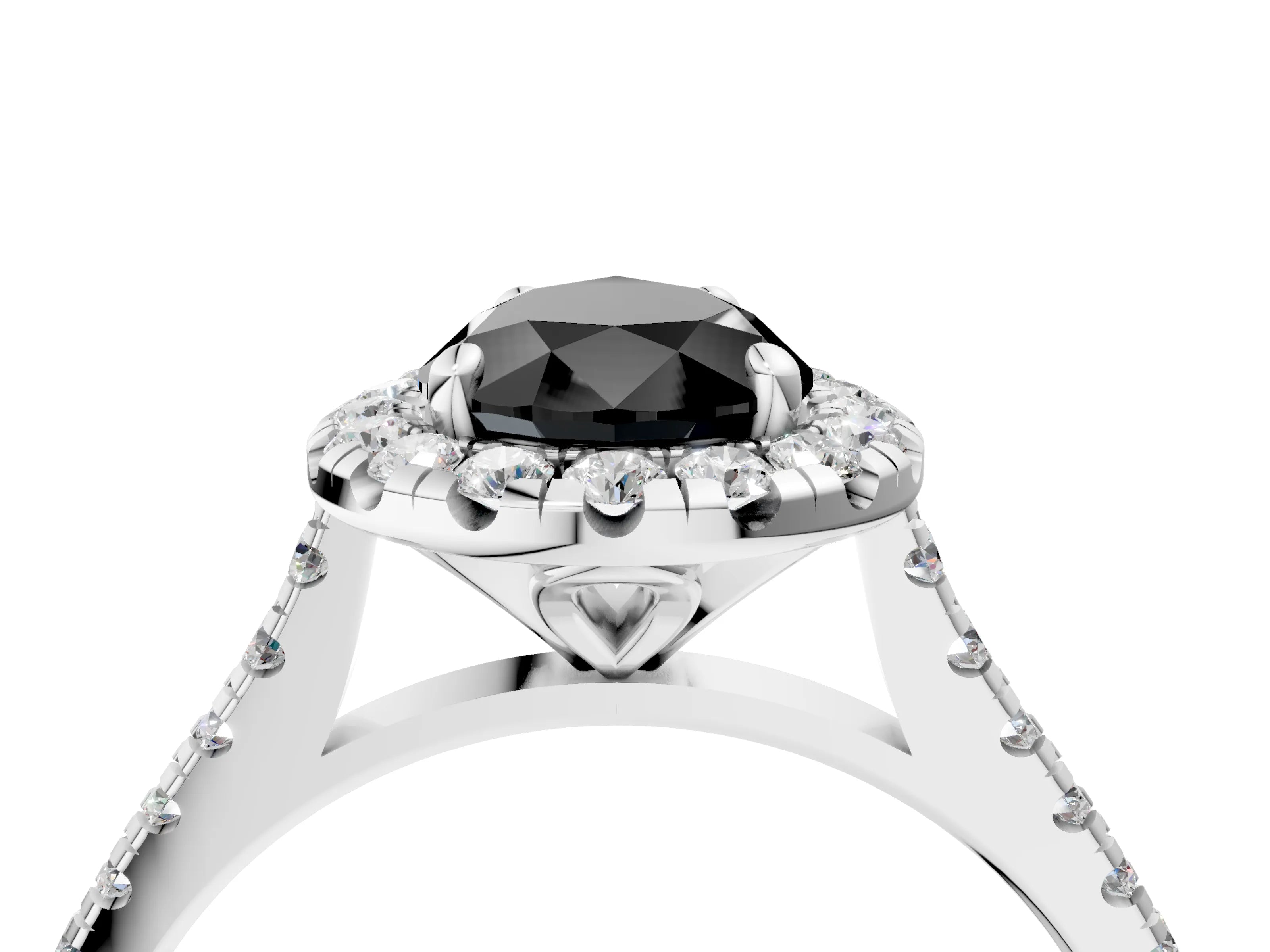White gold Fancy Black Pear Cut Diamond Cushion Halo Ring with Pavé Band_16