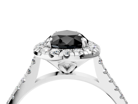 White gold Fancy Black Pear Cut Diamond Cushion Halo Ring with Pavé Band_16