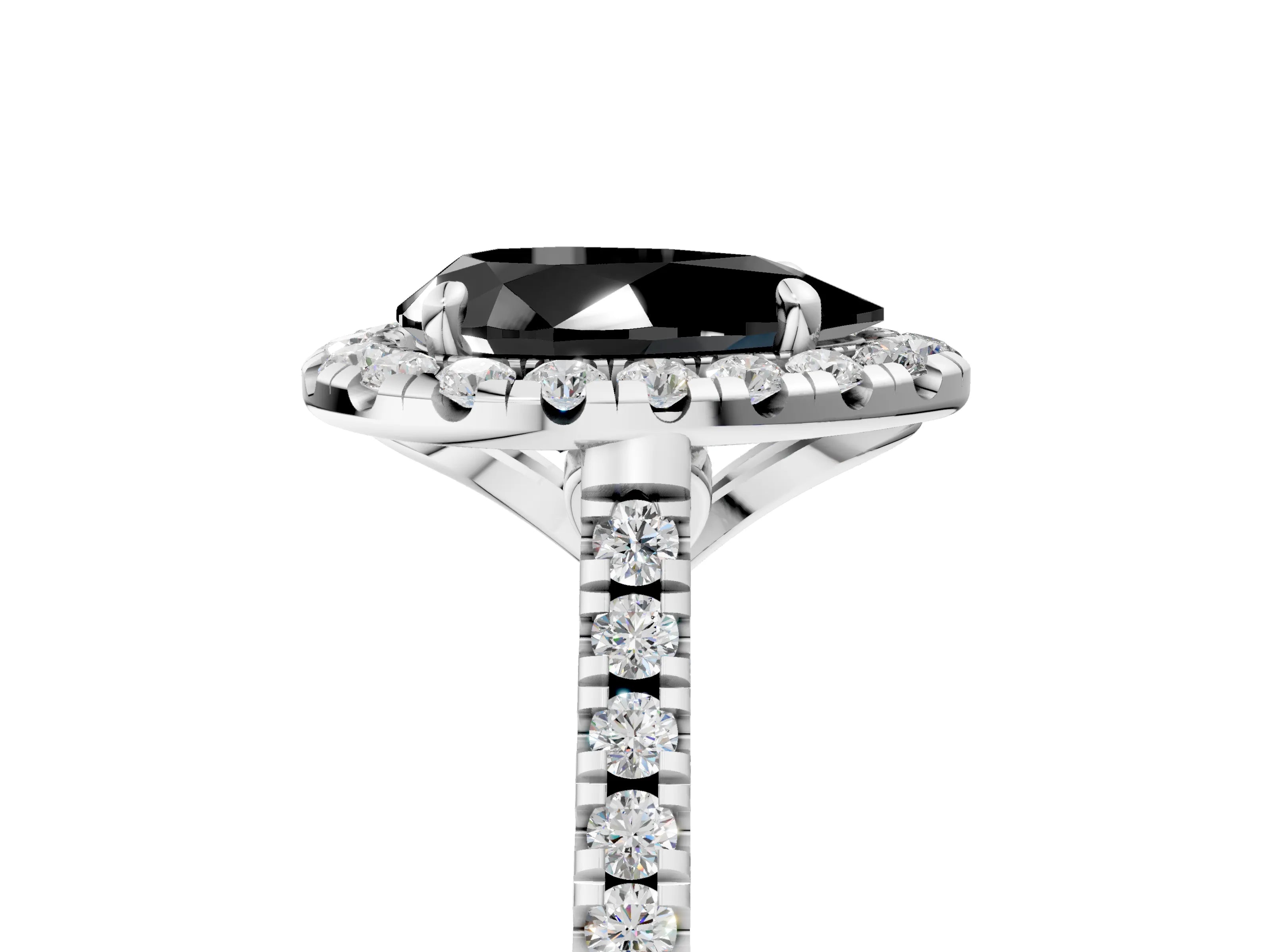 White gold Fancy Black Pear Cut Diamond Cushion Halo Ring with Pavé Band_17