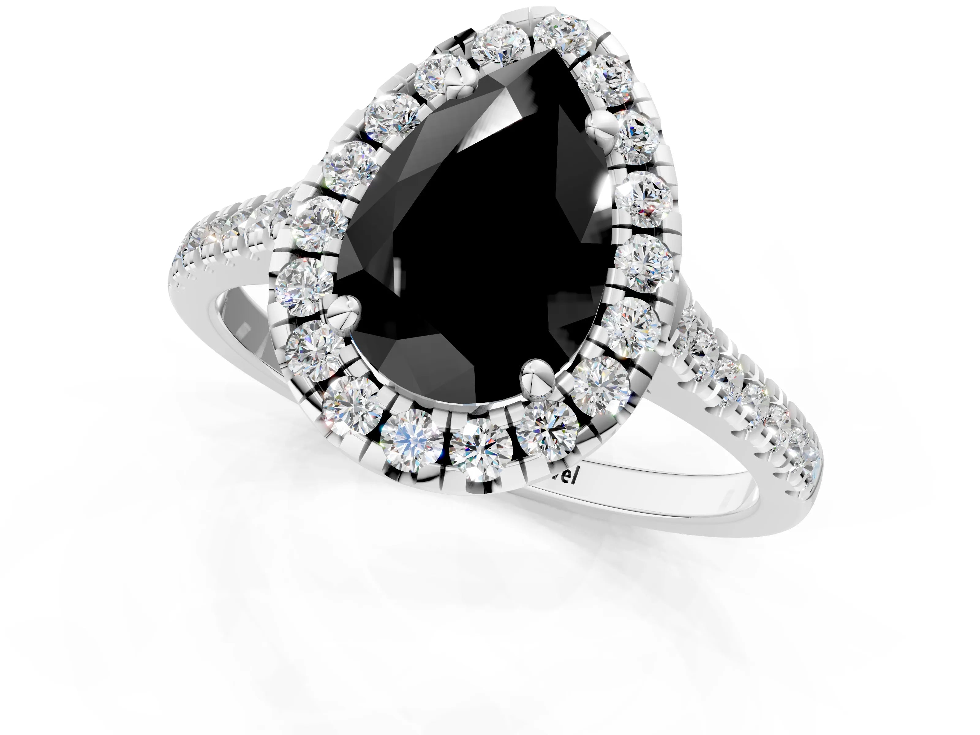 White gold Fancy Black Pear Cut Diamond Cushion Halo Ring with Pavé Band_1