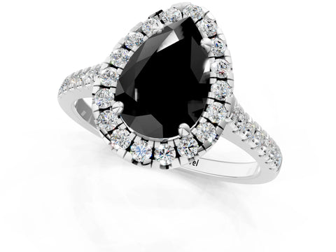 White gold Fancy Black Pear Cut Diamond Cushion Halo Ring with Pavé Band_1