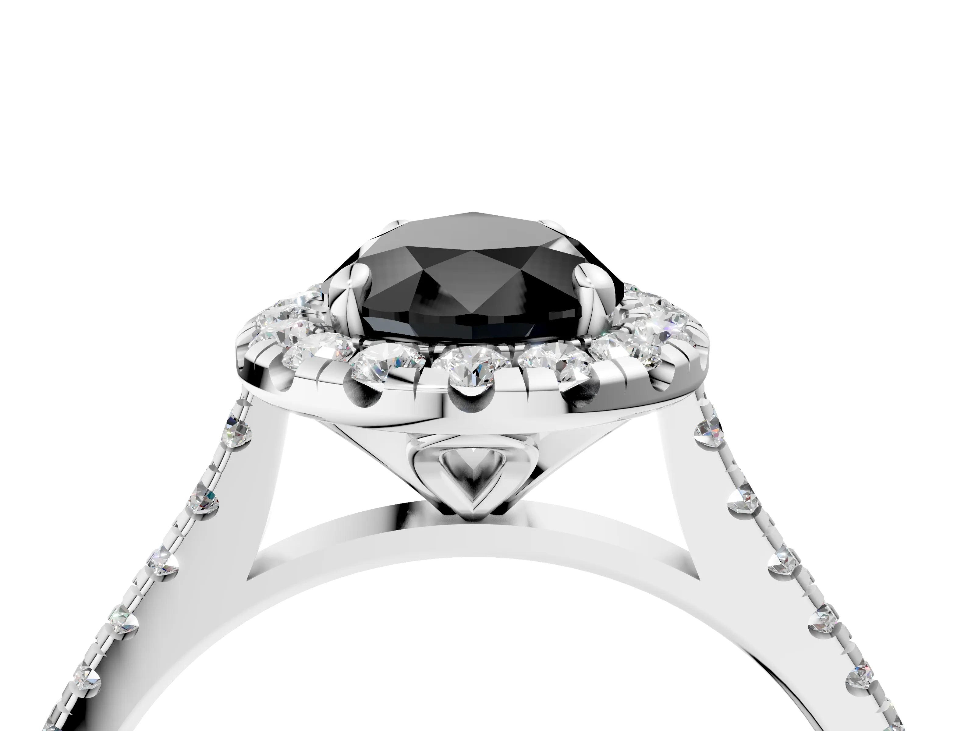 White gold Fancy Black Pear Cut Diamond Cushion Halo Ring with Pavé Band_4
