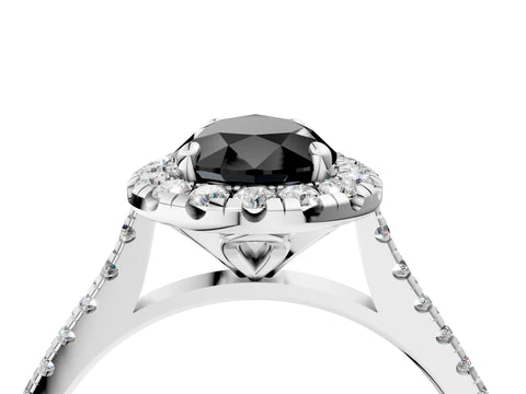 White gold Fancy Black Pear Cut Diamond Cushion Halo Ring with Pavé Band_4