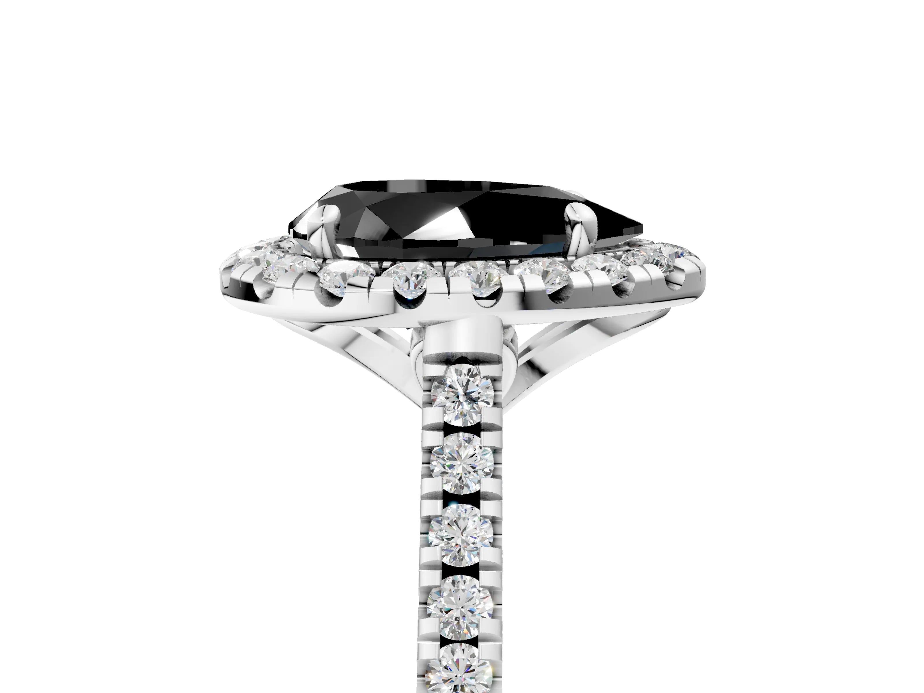 White gold Fancy Black Pear Cut Diamond Cushion Halo Ring with Pavé Band_5