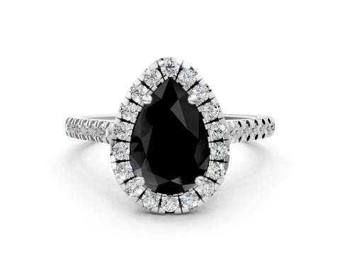 White gold Fancy Black Pear Cut Diamond Cushion Halo Ring with Pavé Band