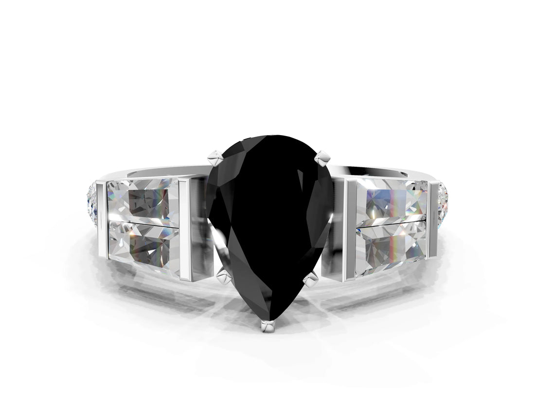 White gold Fancy Black Pear Cut Diamond Engagement Ring with Baguette Side Stones and Channel Set Band_24